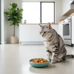 A photorealistic, bright, and airy shot of a beautiful silver tabby cat in a modern kitchen