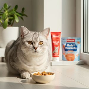 A photorealistic, high-detail shot of a beautiful, healthy-looking cat, possibly a silver tabby British Shorthair, sitting on a light-colored wooden floor in a brightly lit, modern living room