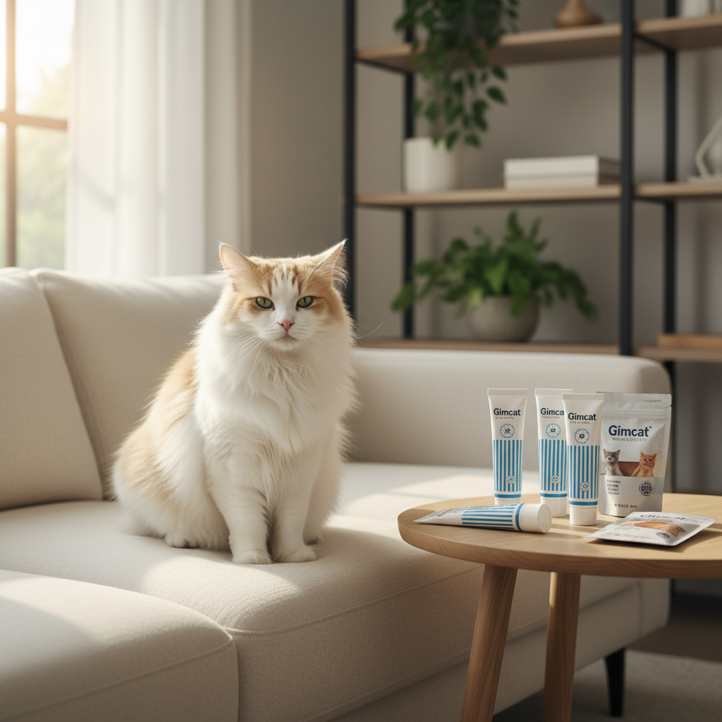 A photorealistic shot of a beautiful, healthy long-haired domestic cat sitting gracefully on a modern, light-colored sofa in a bright, sunlit living room