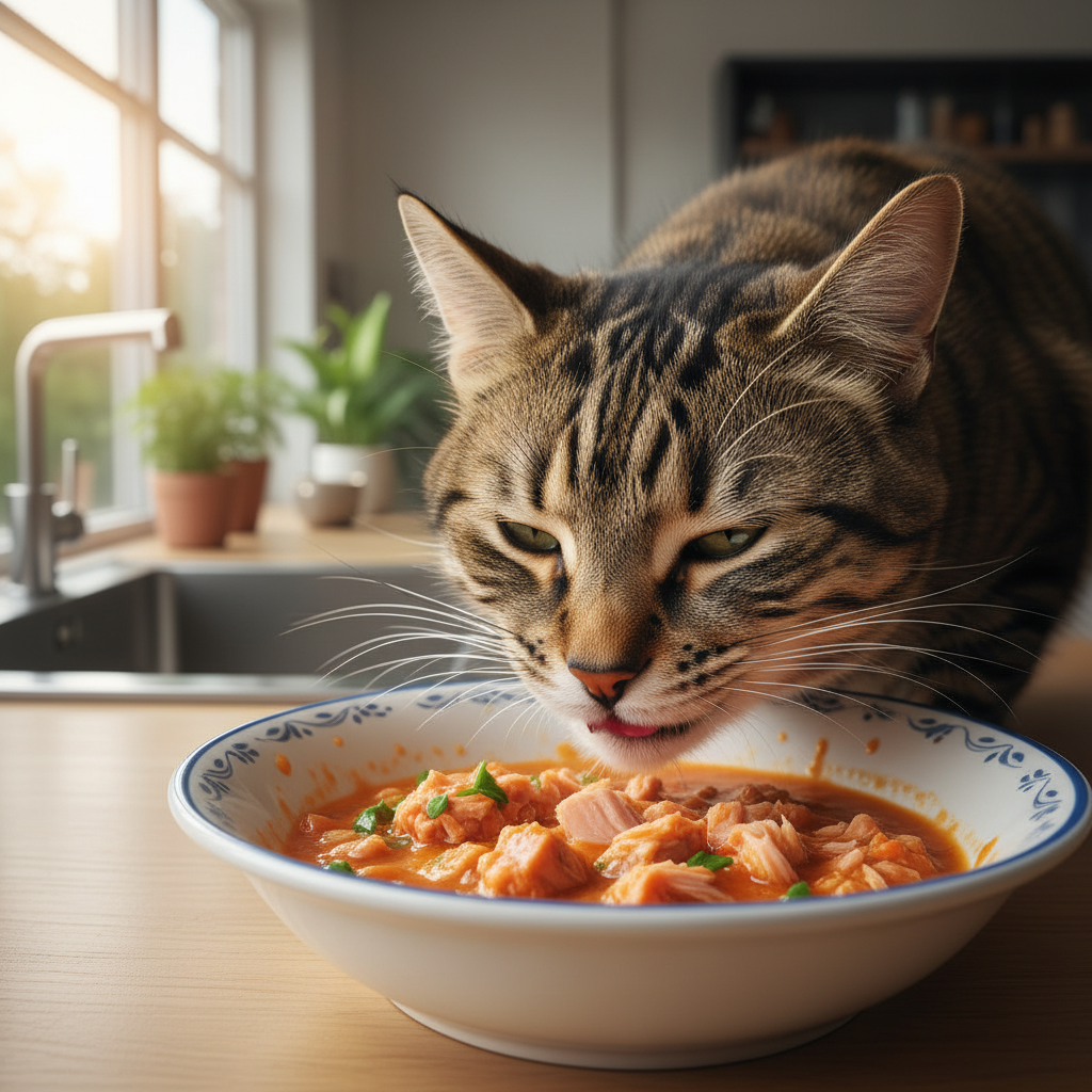 A photorealistic, heartwarming close-up shot of a healthy, beautiful adult cat, possibly a European Shorthair or a mix, eagerly eating from a clean, ceramic bowl