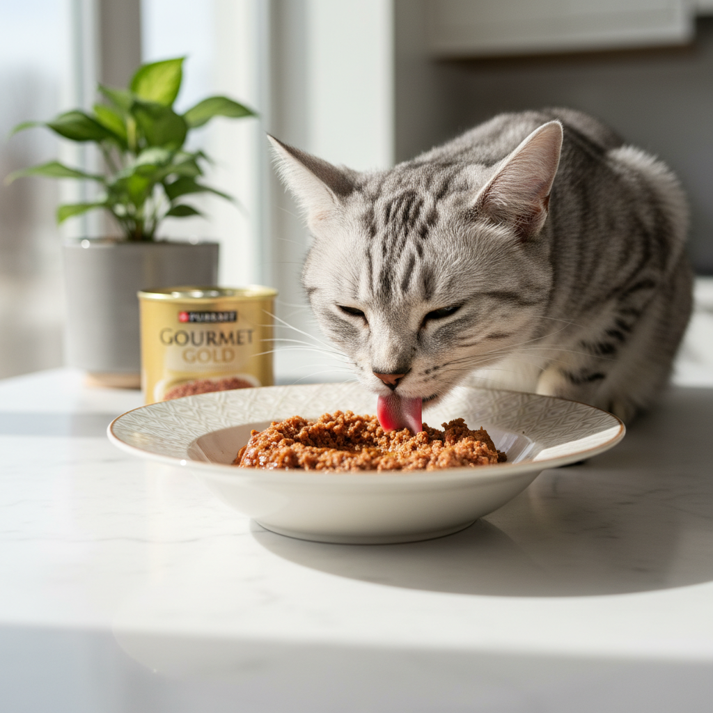 A photorealistic close-up shot of a sophisticated silver tabby cat delicately eating from a stylish, shallow ceramic bowl
