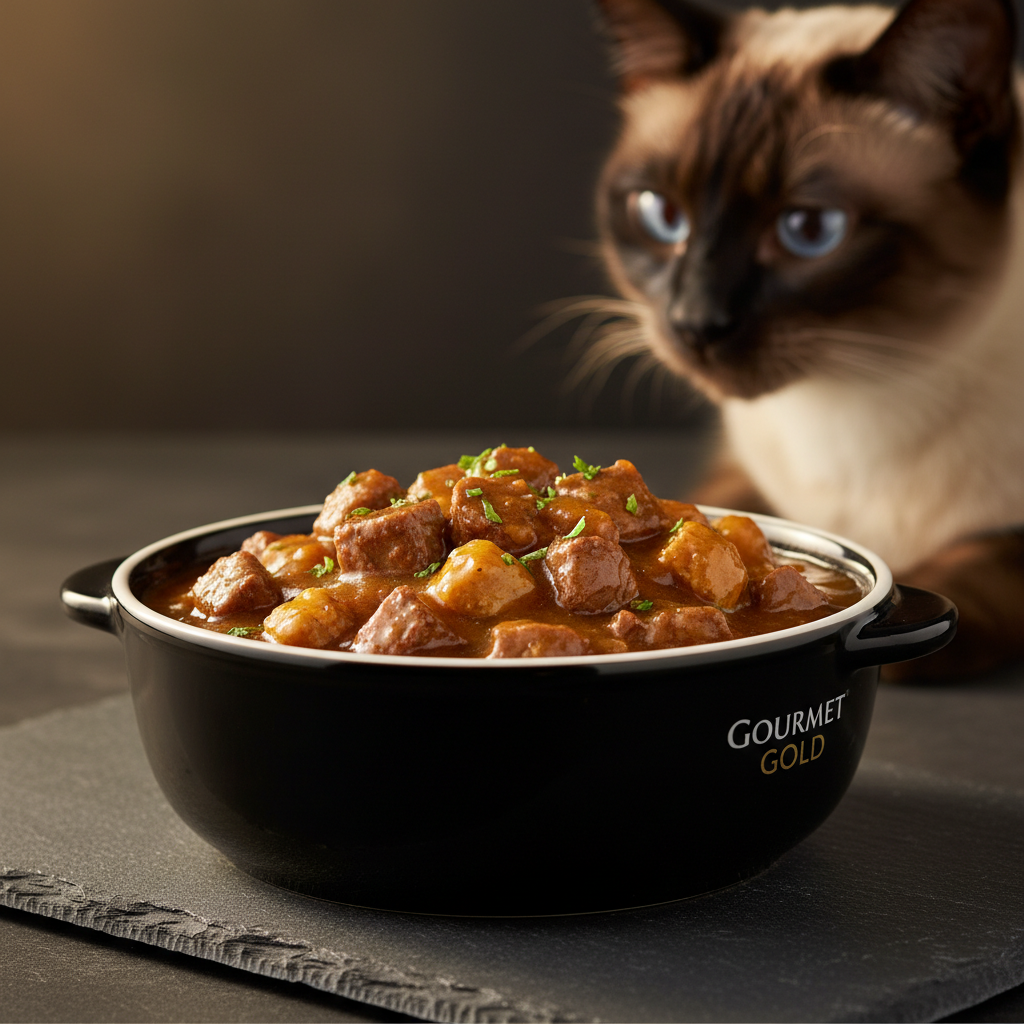 A photorealistic, beautifully lit close-up shot of a luxurious bowl of Gourmet Gold cat food