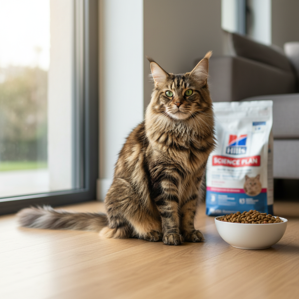 A photorealistic, high-resolution shot of a healthy, majestic Maine Coon cat with a glossy, well-groomed coat