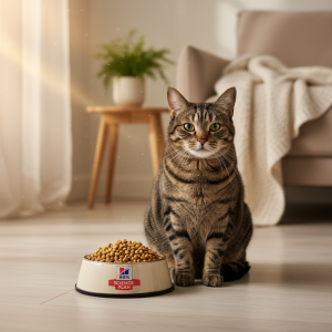 A photorealistic, warm-toned medium shot of a healthy and content adult cat, possibly a domestic shorthair with tabby markings, sitting gracefully on a light-colored wooden floor next to a full bow...