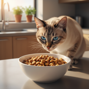 A photorealistic, heartwarming close-up shot of a healthy and elegant Siamese cat with striking blue eyes, cautiously sniffing a clean ceramic bowl filled with Hills Science Plan kibble