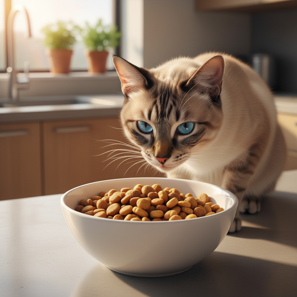 A photorealistic, heartwarming close-up shot of a healthy and elegant Siamese cat with striking blue eyes, cautiously sniffing a clean ceramic bowl filled with Hills Science Plan kibble