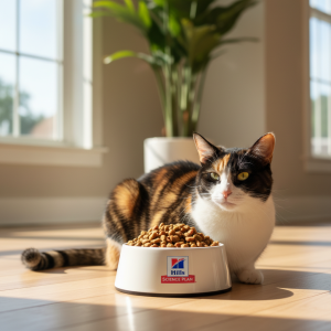 A beautiful, healthy adult calico cat is gracefully poised next to a pristine white ceramic bowl filled with Hills Science Plan dry kibble