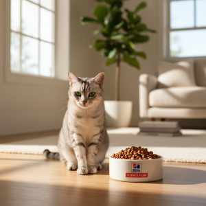 A beautiful adult domestic shorthair cat with striking green eyes is sitting elegantly next to a pristine white ceramic bowl filled with Hills Science Plan kibble