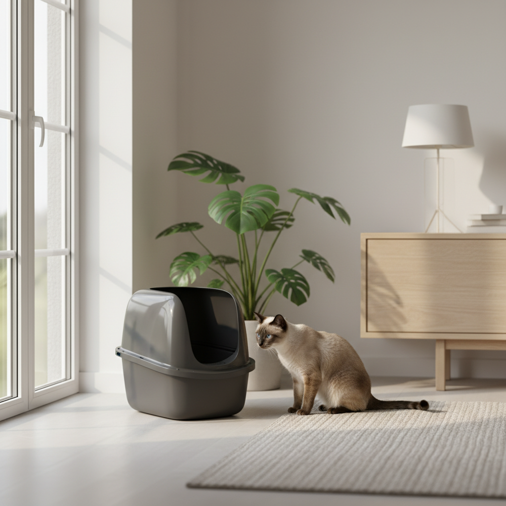 A photorealistic image captures a serene, minimalist living room with Scandinavian decor