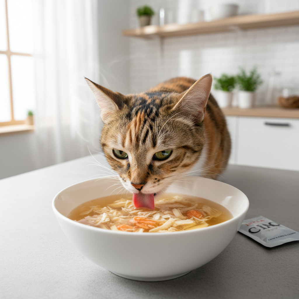 A photorealistic, bright, and airy close-up shot of a healthy, beautiful Japanese Bobtail cat eagerly lapping up Inaba Ciao cat soup from a clean, white ceramic bowl