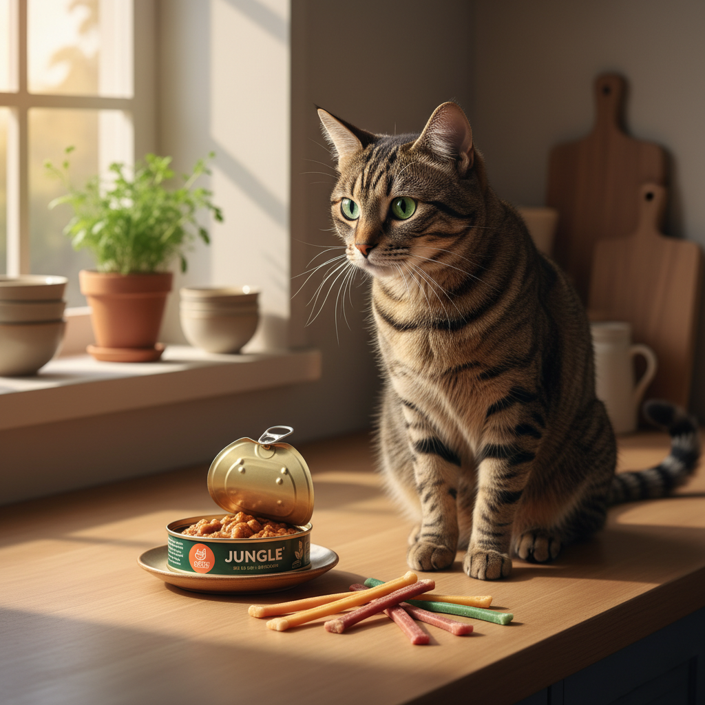A photorealistic, heartwarming shot of a healthy, beautiful tabby cat sitting on a clean wooden kitchen counter