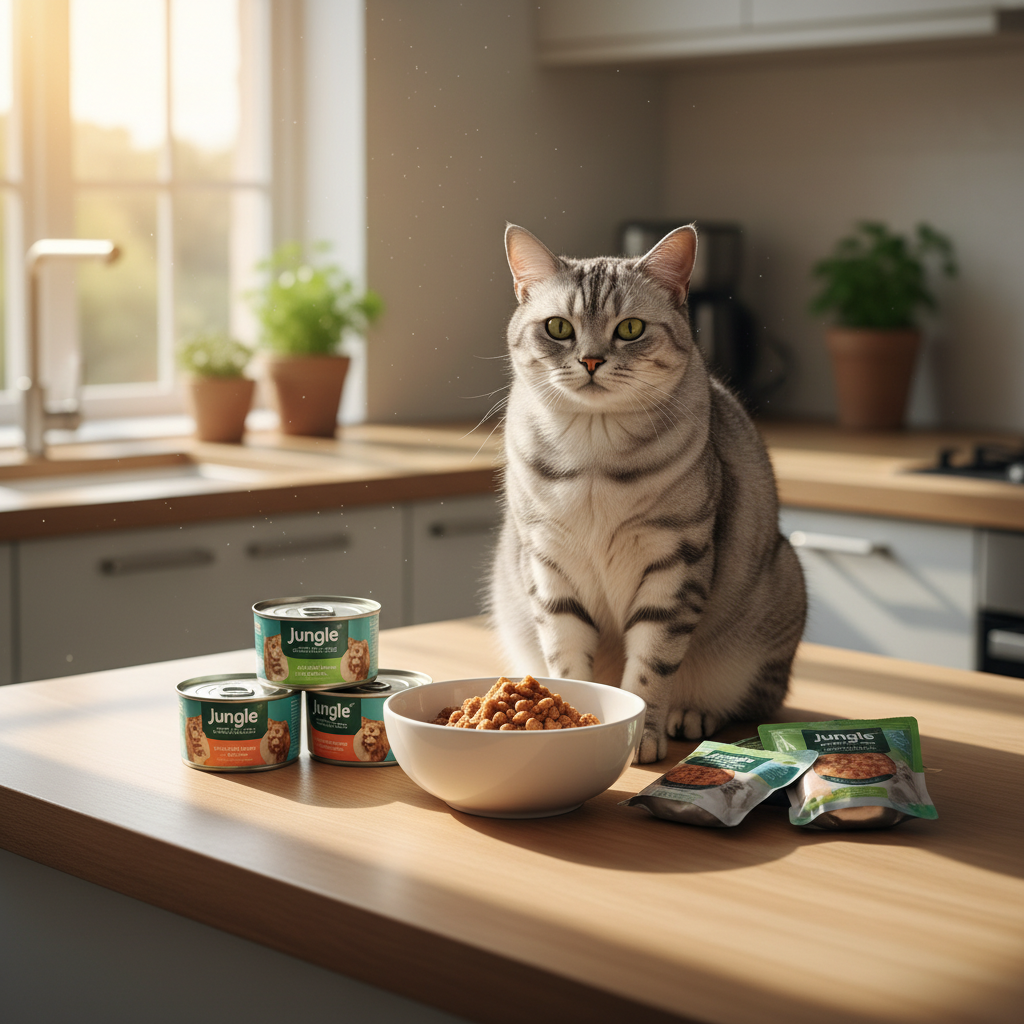 A photorealistic, heartwarming scene of a healthy and content silver tabby cat in a modern, sunlit kitchen