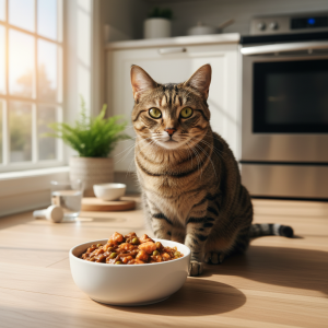 A photorealistic, high-resolution shot of a beautiful adult tabby cat in a bright, modern kitchen
