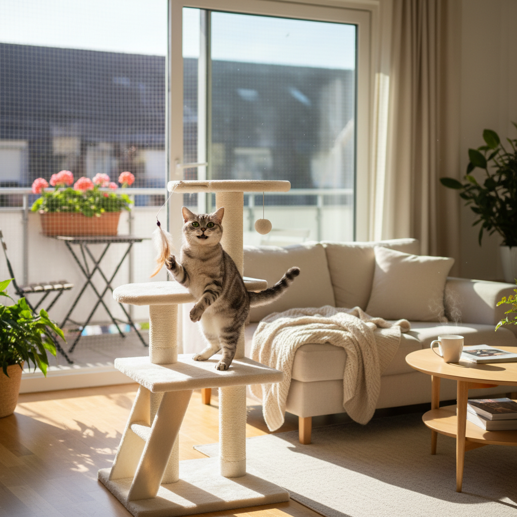 A photorealistic, bright, and heartwarming image of a cozy, sun-drenched living room