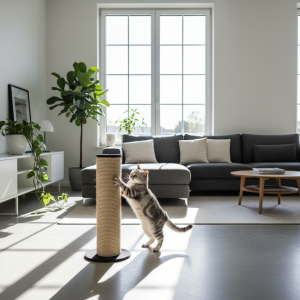 A photorealistic, bright, and airy shot of a modern living room with a sleek, minimalist aesthetic