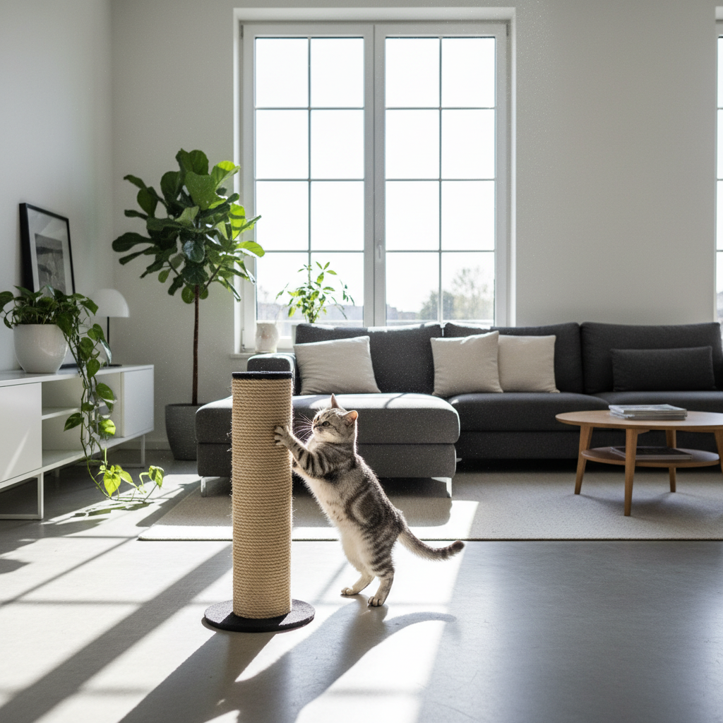 A photorealistic, bright, and airy shot of a modern living room with a sleek, minimalist aesthetic