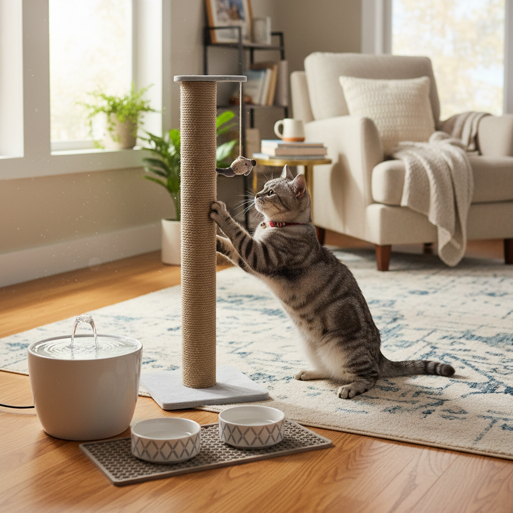 A photorealistic shot of a cozy, sunlit living room where a playful silver tabby cat is the center of attention