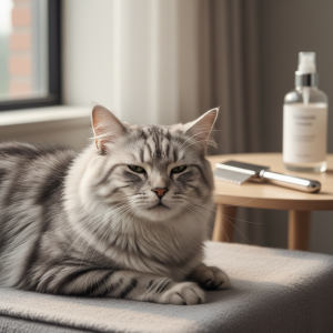 A hyper-realistic, beautifully composed photograph of a fluffy, long-haired silver tabby cat lounging gracefully on a soft, muted gray blanket