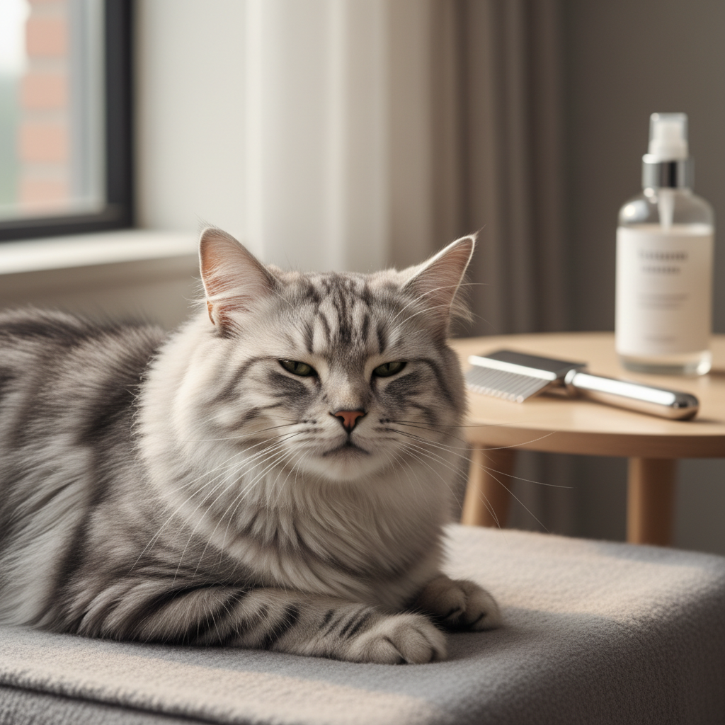 A hyper-realistic, beautifully composed photograph of a fluffy, long-haired silver tabby cat lounging gracefully on a soft, muted gray blanket