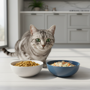A photorealistic shot of a curious and healthy Silver Tabby cat looking intently at two different ceramic food bowls placed on a clean, light-colored wooden kitchen floor