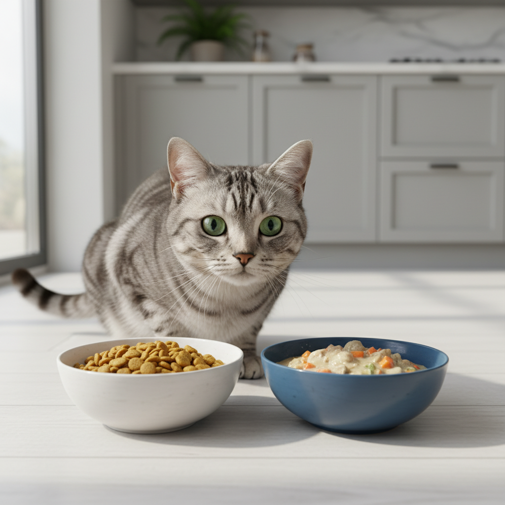 A photorealistic shot of a curious and healthy Silver Tabby cat looking intently at two different ceramic food bowls placed on a clean, light-colored wooden kitchen floor