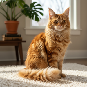A stunning, photorealistic close-up shot of a majestic long-haired cat, perhaps a Maine Coon or a Siberian, sitting gracefully in a warmly lit living room