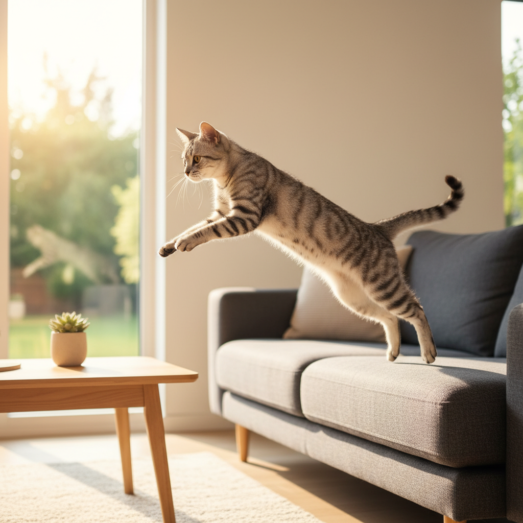 A photorealistic, high-resolution image of a graceful silver tabby cat in mid-air, effortlessly leaping onto a chic, grey fabric sofa