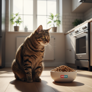 A photorealistic, high-resolution image of a slightly chubby but healthy-looking domestic tabby cat in a bright, modern kitchen