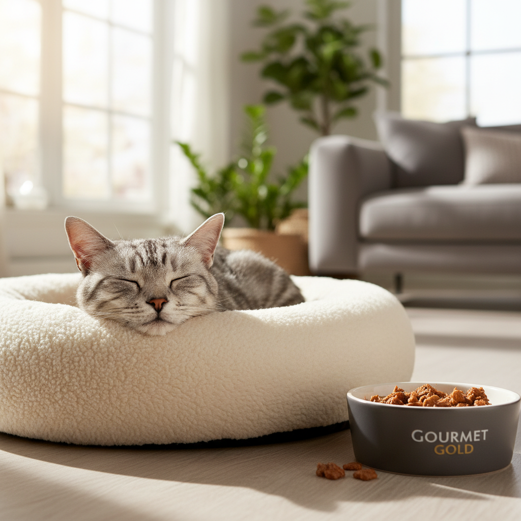 A sophisticated, mature silver tabby cat is curled up comfortably on a plush, cream-colored orthopedic cat bed