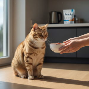 A photorealistic shot of a slightly chubby but healthy-looking domestic tabby cat sitting patiently on a clean wooden floor in a brightly lit, modern kitchen
