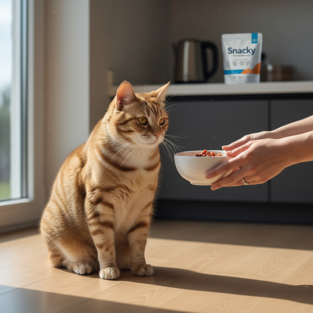 A photorealistic shot of a slightly chubby but healthy-looking domestic tabby cat sitting patiently on a clean wooden floor in a brightly lit, modern kitchen