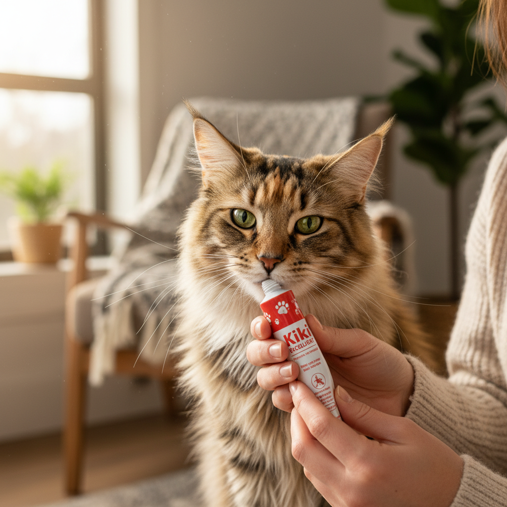 A photorealistic, high-resolution close-up shot of a healthy and beautiful Maine Coon cat curiously sniffing the tip of a Kiki Excellent supplement paste tube