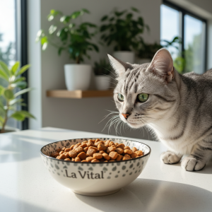 A stunningly photorealistic shot of a healthy domestic shorthair cat with a glossy silver tabby coat, looking intently at a ceramic bowl filled with La Vital salmon-flavored kibble