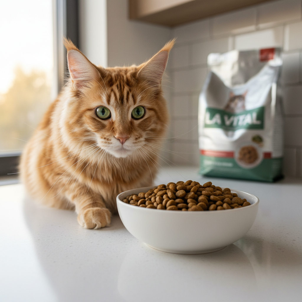 A beautiful adult cat, possibly a Maine Coon or a similar long-haired breed with striking green eyes, is eagerly looking at a bowl of La Vital dry cat food