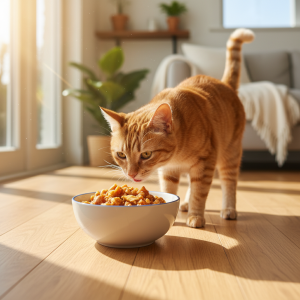 A photorealistic, bright, and clean shot of a healthy, beautiful domestic shorthair cat (tabby or ginger) curiously sniffing a bowl of high-quality wet cat food