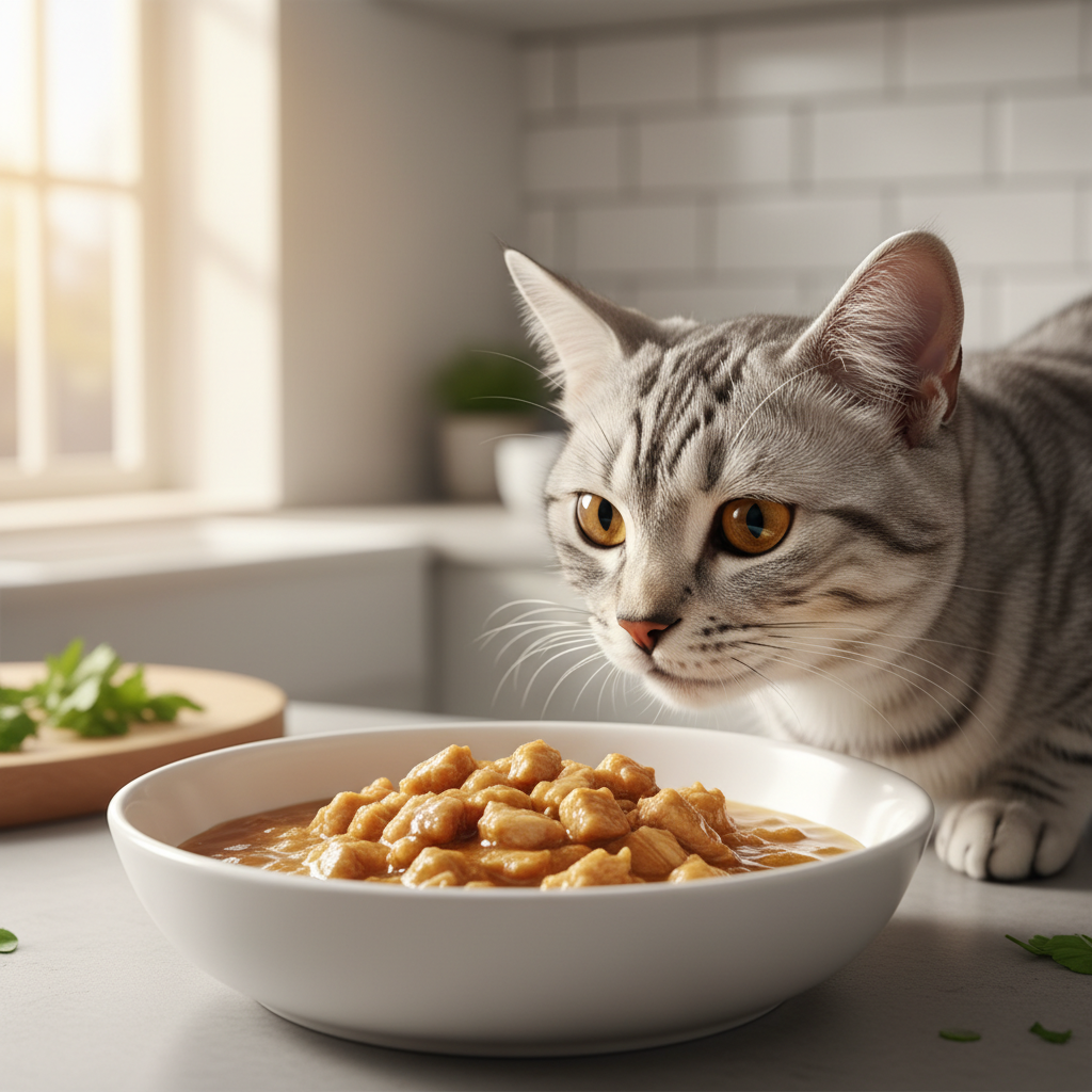 A photorealistic, close-up shot of a beautiful, healthy silver tabby cat eagerly sniffing a ceramic bowl filled with Me-o wet cat food