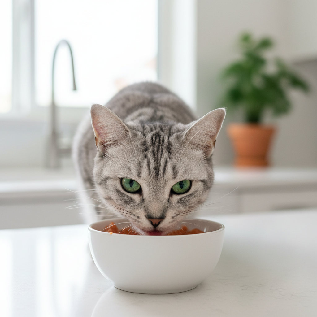 A photorealistic, bright close-up shot of a healthy, beautiful silver tabby cat with striking green eyes