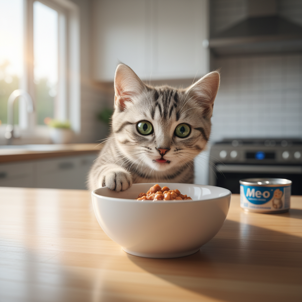 A photorealistic, heartwarming close-up shot of a fluffy, 8-week-old silver tabby kitten in a bright, modern kitchen