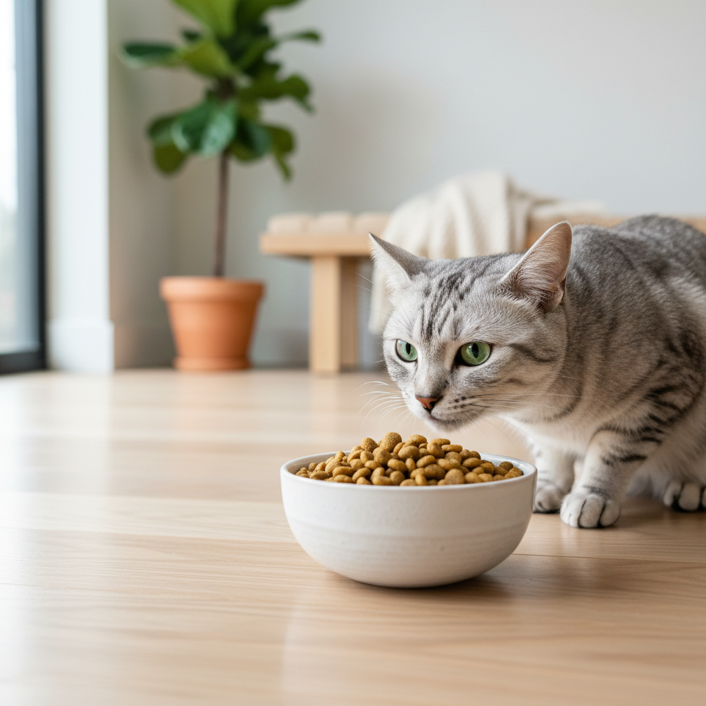 A photorealistic, bright, and clean shot of a healthy, beautiful domestic cat (perhaps a silver tabby) curiously sniffing a bowl of high-quality dry cat food