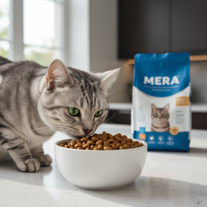 A photorealistic, heartwarming close-up shot of a beautiful, healthy silver tabby cat gently nudging a clean, white ceramic bowl filled with Mera brand cat food