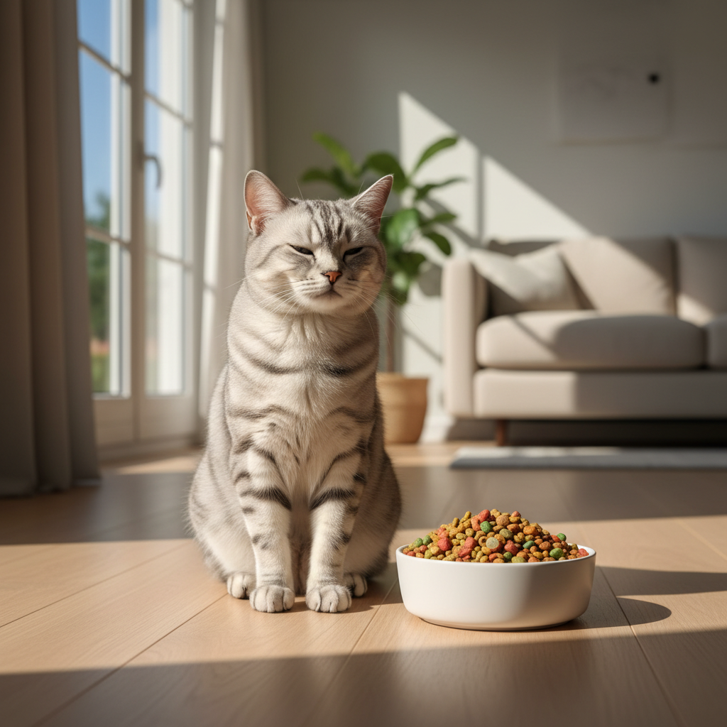 A photorealistic, heartwarming shot of a beautiful adult cat, perhaps a silver tabby or a domestic shorthair, looking content and healthy