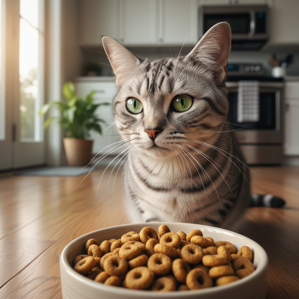 A close-up, photorealistic shot of a healthy, beautiful adult cat, perhaps a silver tabby or a sleek domestic shorthair, looking attentively at a bowl of high-quality dry cat food