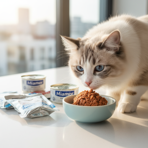 A photorealistic, bright, and airy shot of a beautiful long-haired cat, perhaps a Ragdoll or a Maine Coon, curiously sniffing a ceramic bowl filled with a savory pate-style wet cat food