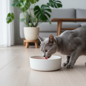 A photorealistic, high-resolution shot of a sleek Russian Blue cat eating from a stylish, minimalist white cat food bowl on a light hardwood floor