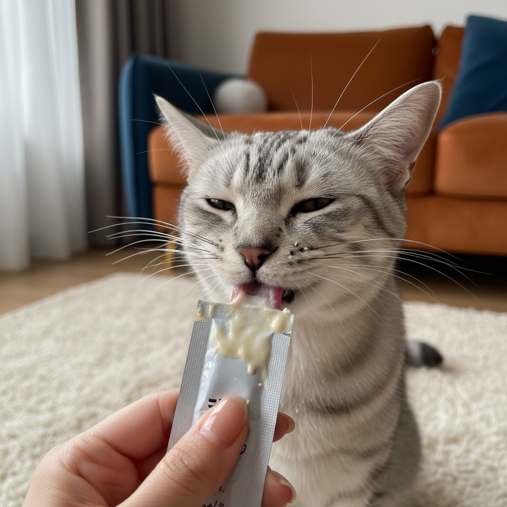 A highly detailed, photorealistic close-up shot of a beautiful domestic cat, perhaps a silver tabby or a Siamese, eagerly licking a creamy liquid treat from a small sachet held by a person's gentle...