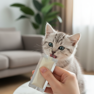 A photorealistic, heartwarming close-up shot of a fluffy, adorable silver tabby kitten with bright blue eyes