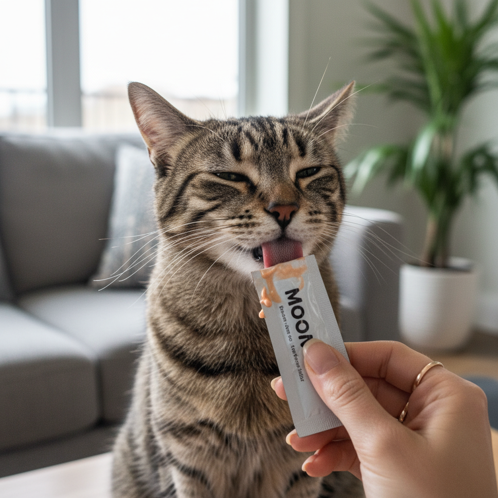 A photorealistic, heartwarming close-up shot of a beautiful adult domestic shorthair cat with tabby markings