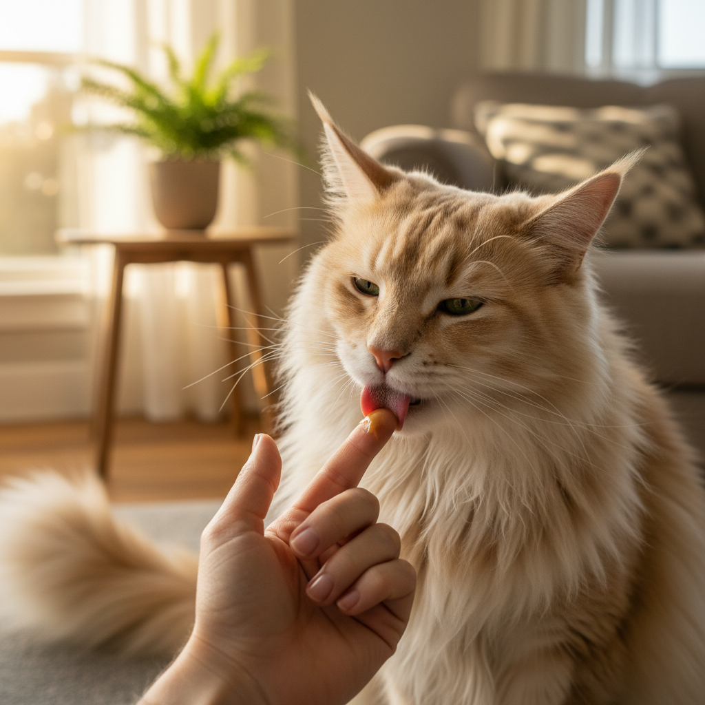 A photorealistic image of a beautiful, healthy long-haired cat, possibly a Maine Coon or Persian, gently licking a bit of malt paste off a person's finger