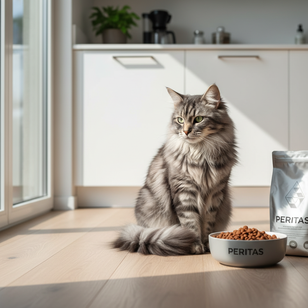 A photorealistic image capturing a healthy, beautiful Norwegian Forest cat with a glossy grey and white coat