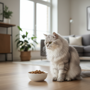 A photorealistic, high-detail shot of a beautiful, long-haired silver Persian cat sitting elegantly in a brightly lit, modern living room